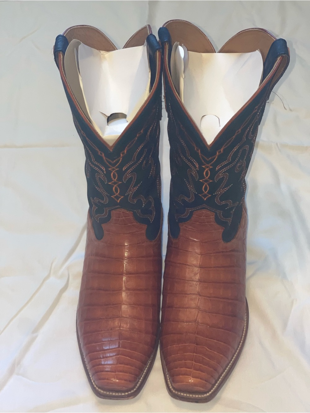 Men's Caramel Exotic Leather Western Boots with Navy Blue Embroidered Shaft
